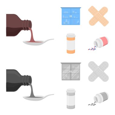 Bir kaşık, alçı, tatlım, tıp kabine şurubu. İlaç toplama simgeler çizgi film, tek renkli stil vektör simge stok çizim web ayarla..