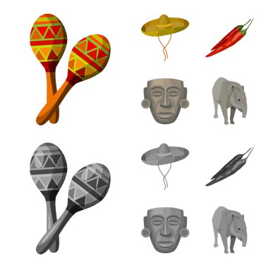 Marakas Ulusal müzik aleti, sambrero geleneksel Meksika headdress, kırmızı biber, acı, Idol-Tanrı. Meksika ülke toplama simgeler çizgi film, tek renkli stil vektör simge stok ayarla.