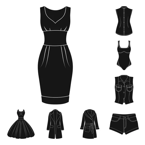女性の服の黒のアイコン デザインのセットのコレクションです。衣類の種類やアクセサリー ベクトル シンボル ストック web イラスト. — ストックベクタ