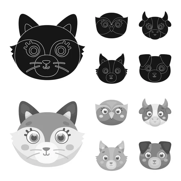 Sova, kráva, vlk, pes. Zvířecí tlamy sada kolekce ikon v černé, monochrom stylu vektor symbol akcií ilustrace web. — Stockový vektor