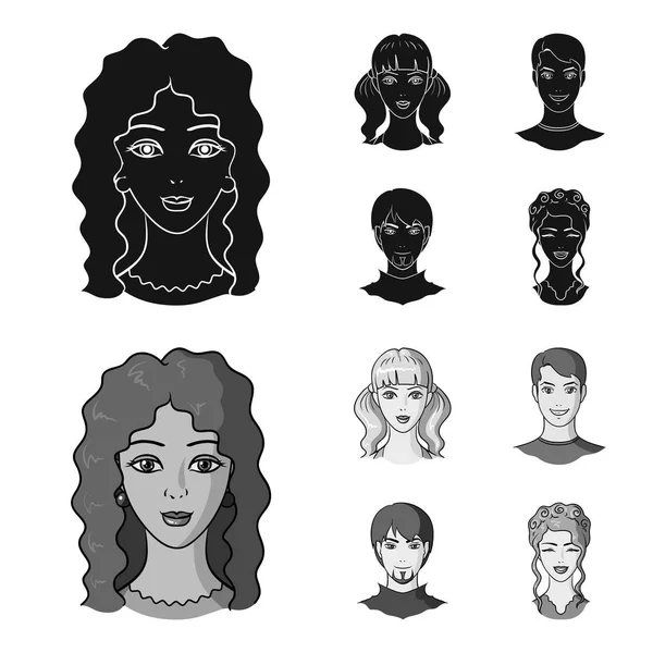 Olika utseende av unga människor. Avatar och ansikte som samling ikoner i svart, monochrom stil vektor symbol stock illustration web. — Stock vektor