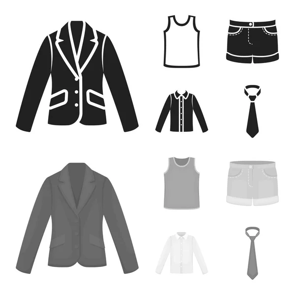 Camicia con maniche lunghe, pantaloncini, T-shirt, cravatta. Set di abbigliamento icone di raccolta in nero, stile monocromatico vettore simbolo stock illustrazione web . — Vettoriale Stock