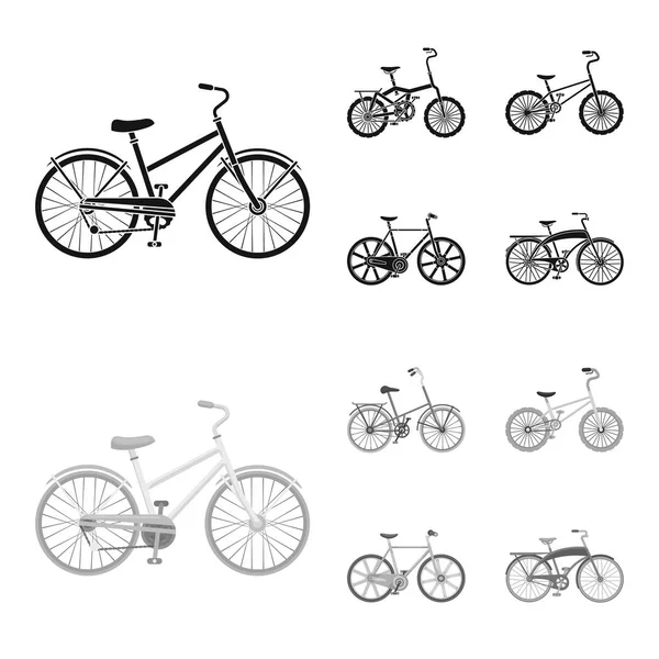 Crianças bicicleta e outros tipos. Diferentes bicicletas definir ícones de coleção em preto, estilo monocromático símbolo vetorial estoque ilustração web . —  Vetores de Stock