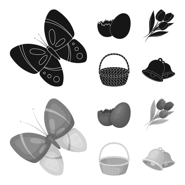 Œuf en chocolat, cloches, panier et fleurs.Ensemble de Pâques icônes de la collection en noir, symbole vectoriel de style monochrome illustration web . — Image vectorielle