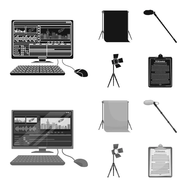 Hromakey, script et autres équipements. Créer des icônes de collection de films en noir, symbole vectoriel de style monochrome illustration web . — Image vectorielle