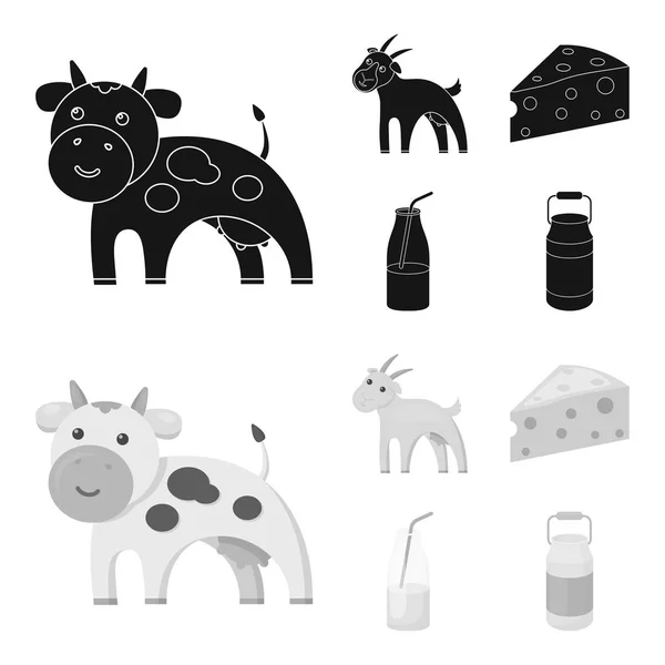 Cabra, un trozo de queso y otros productos. Iconos de colección de set de leche en negro, monochrom estilo vector símbolo stock ilustración web . — Archivo Imágenes Vectoriales