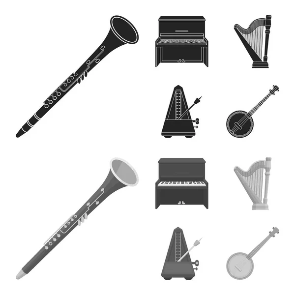 Banjo, piano, arpa, metrónomo. Instrumentos musicales conjunto colección iconos en negro, monocromo estilo vector símbolo stock ilustración web . — Vector de stock