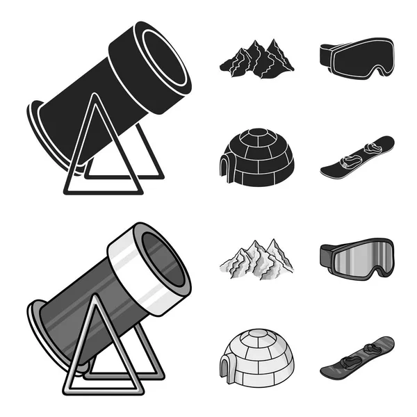 Montagne, occhiali, un igloo, uno snowboard. Comprensorio sciistico set icone di raccolta in nero, monocromo stile vettore simbolo stock illustrazione web . — Vettoriale Stock
