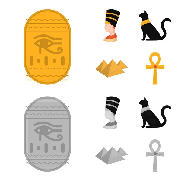 Ojo de Horus, gato egipcio negro, pirámides, cabeza de Nefertiti.Ancient Egipto conjunto de iconos de la colección en la historieta, el estilo monocromo vector símbolo stock illustration web . — Vector de stock