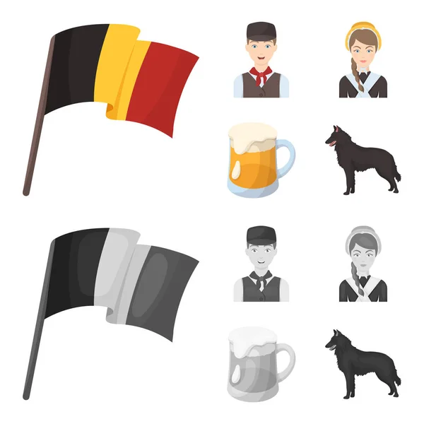 Nemzeti zászló, a belgák és a szimbólumot az ország. Belgium készlet ikonok gyűjtemény-rajzfilm, fekete-fehér stílus vektor szimbólum stock illusztráció web. — Stock Vector