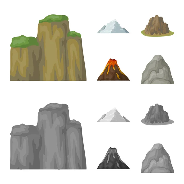 Falésias, uma erupção vulcânica, uma montanha com uma praia, uma geleira. Diferentes montanhas conjunto coleção ícones em desenhos animados, estilo monocromático símbolo vetorial estoque ilustração web . — Vetor de Stock