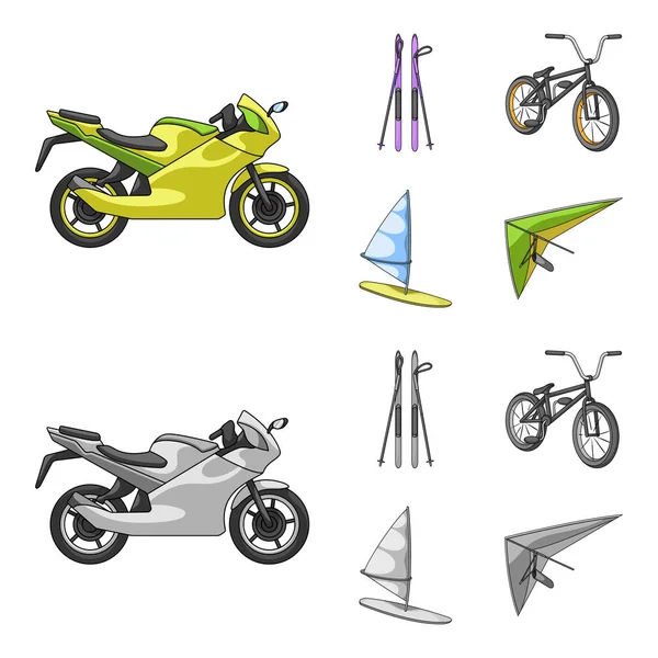 Motorcycle, mountain skiing, biking, surfing with a sail.Extreme sport set collection icons in cartoon,monochrome style vector symbol stock illustration web. — Stock Vector