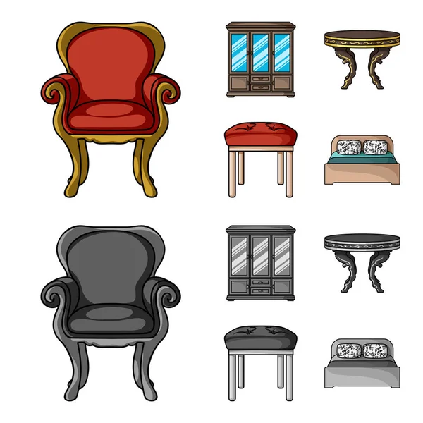 Bútorok, belső, design, szék. Bútor és lakberendezési interiorset gyűjtemény ikonok képregény, fekete-fehér stílus vektor szimbólum stock illusztráció web. — Stock Vector
