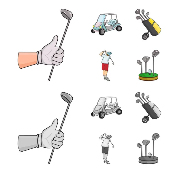 戴手套的手拿着棍子、一辆高尔夫球车、一个装着棍子的手推车袋, 一个人用棍子锤打。高尔夫俱乐部集合图标在卡通, 单色风格矢量符号股票插图 — 图库矢量图片