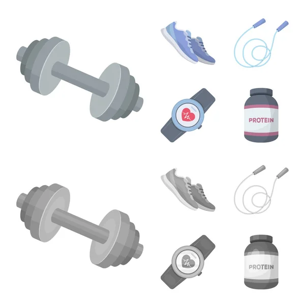 Halter, touw en andere apparatuur voor opleiding. Gym en training instellenin collectie iconen tekenfilm, zwart-wit stijl vector symbool stock illustratie web. — Stockvector