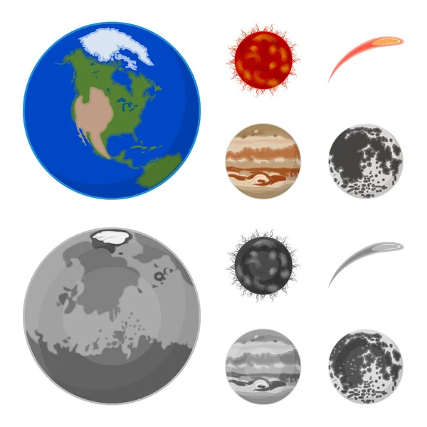 Terra, Júpiter, o Sol do Planeta do Sistema Solar. Asteróide, meteorito. Planetas conjunto coleção ícones em desenhos animados, estilo monocromático símbolo vetorial estoque ilustração web . — Vetor de Stock