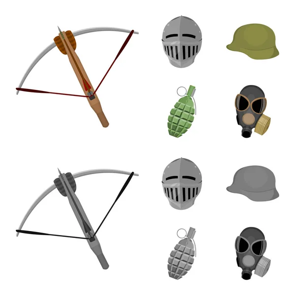 Ballesta, casco medieval, casco de soldado, granada de mano. Armas establecen iconos de colección en dibujos animados, el estilo monocromo vector símbolo stock ilustración web . — Vector de stock