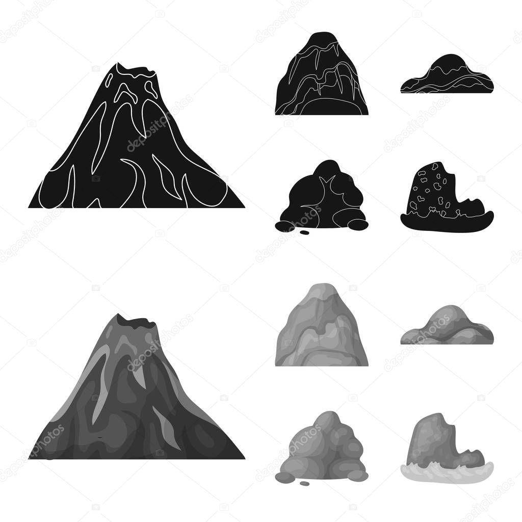 Boulders, a rounded mountain, rocks in the sea. Different mountains set collection icons in black,monochrom style vector symbol stock illustration .