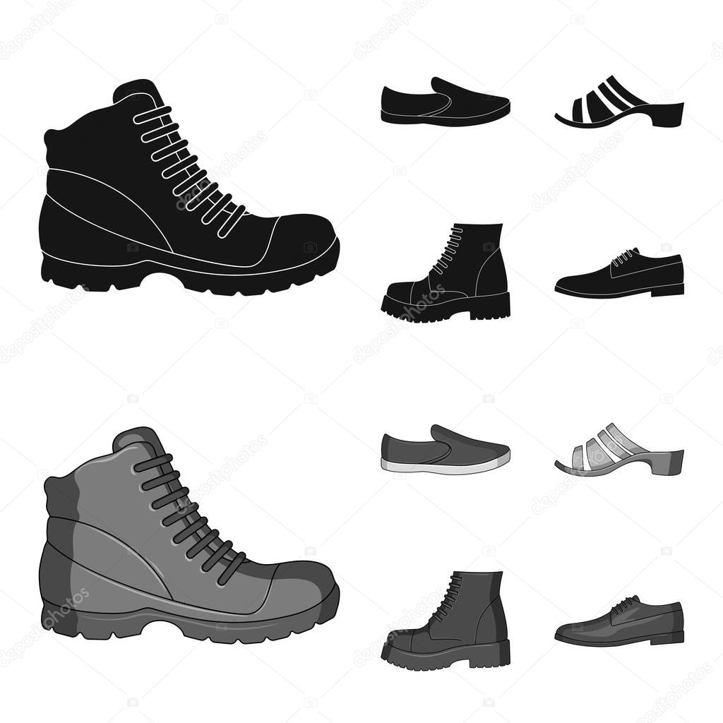A set of icons on a variety of shoes.Different shoes single icon in black,monochrom style vector symbol stock illustration.