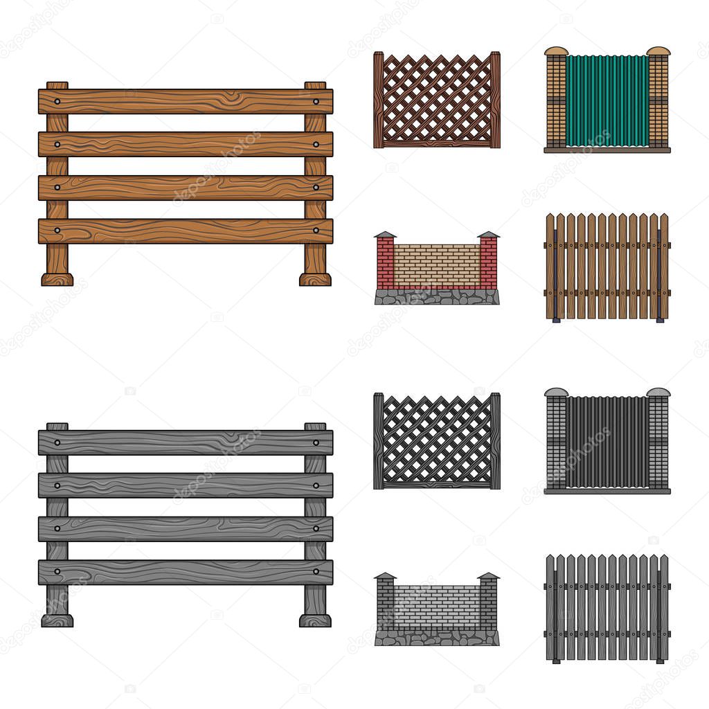 A fence of metal and bricks,wooden palisade. A different fence set collection icons in cartoon,monochrome style vector symbol stock illustration .