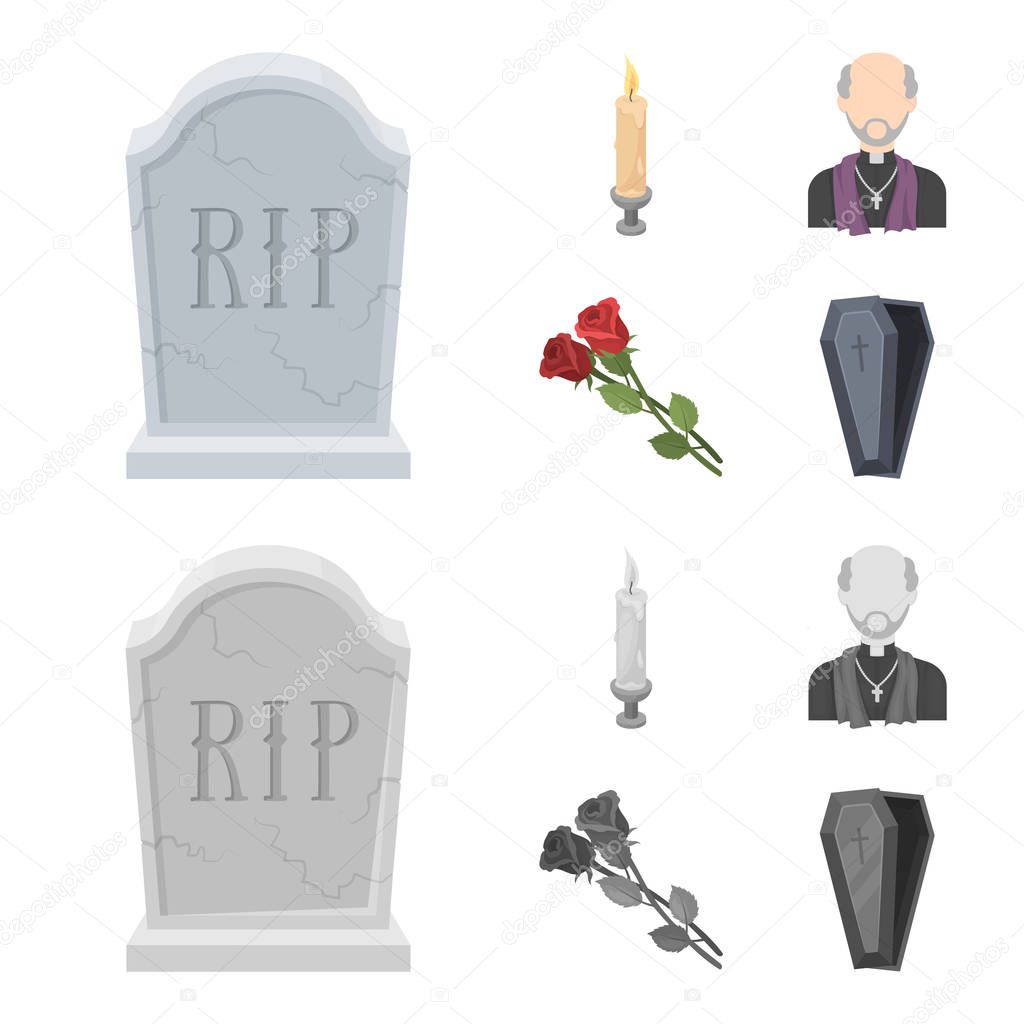 A granite tombstone with an inscription, a mourning candle, a pasteur, a priest, mourning roses. Funeral ceremony set collection icons in cartoon,monochrome style vector symbol stock illustration .