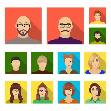 Avatar ve yüz düz simgeler set koleksiyonu tasarım için. Bir kişi görünümü vektör simge stok web çizim.