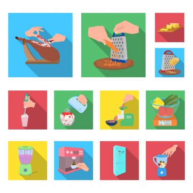 Yemek yemek düz simgeler set koleksiyonu tasarım için. Mutfak, cihazlar ve sembol stok web illüstrasyon vektör.