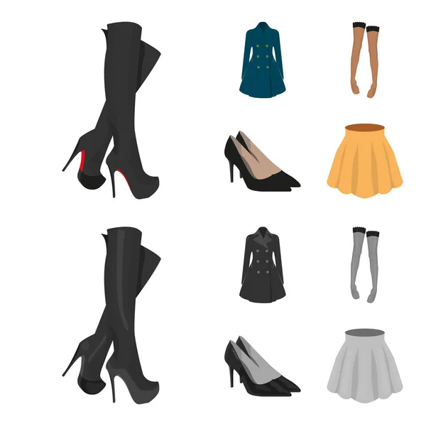 Женщины высокие сапоги, пальто на пуговицах, чулки с резинкой с узором, туфли на высоких каблуках. Иконки коллекции женской одежды в мультипликационном, монохромном стиле — стоковый вектор