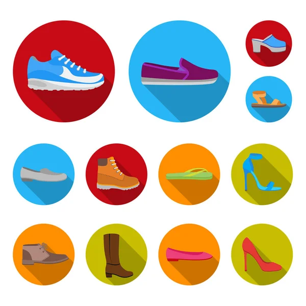 Una variedad de zapatos iconos planos en la colección de conjuntos para el diseño. Bota, zapatillas vector símbolo stock web ilustración . — Vector de stock