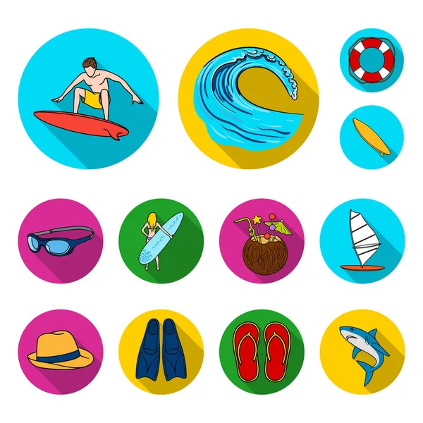 Surf e iconos planos extremos en la colección de conjuntos para el diseño. Surfista y accesorios vector símbolo stock web ilustración . — Archivo Imágenes Vectoriales