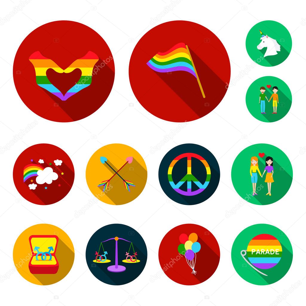 Gay and lesbian flat icons in set collection for design.Sexual minority and attributes vector symbol stock web illustration.