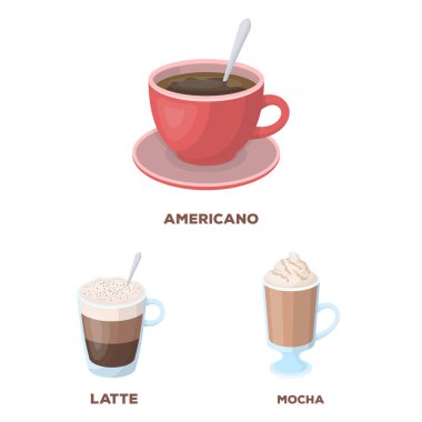 Kahve karikatür simgeleri set koleksiyonu tasarım için farklı türde. Kahve içecek vektör simge stok web çizim.