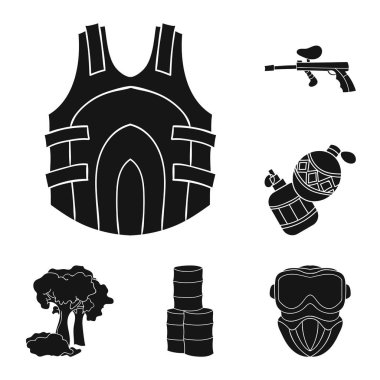 Paintball takım set koleksiyonu tasarım için oyun siyah simgeler. Ekipman ve kıyafet sembol stok web illüstrasyon vektör.