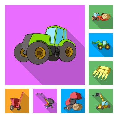 Tarım makineleri set koleksiyonu tasarım için düz simgeler. Ekipman, cihaz ve sembol stok web illüstrasyon vektör.