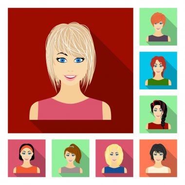 Kadın saç modelleri türleri set koleksiyonu tasarım için simgeleri düz. Bir kadın vektör simge stok web illüstrasyon görünümünü.