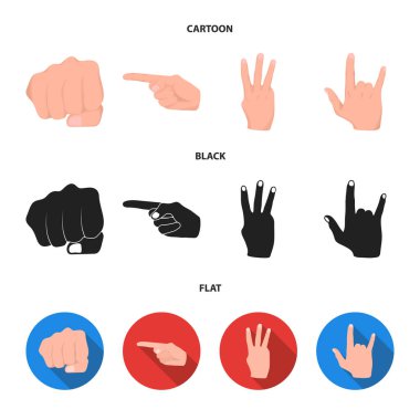 Kapalı yumruk, dizin ve diğer hareketleri. El hareketleri toplama simgeler çizgi film, siyah, düz stil vektör simge stok çizim web içinde ayarla..