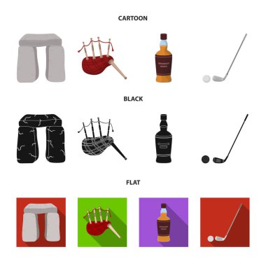 Taş anıt, gayda, viski, golf. İskoçya ülke toplama simgeler çizgi film, siyah, düz stil vektör simge stok çizim web içinde ayarla..
