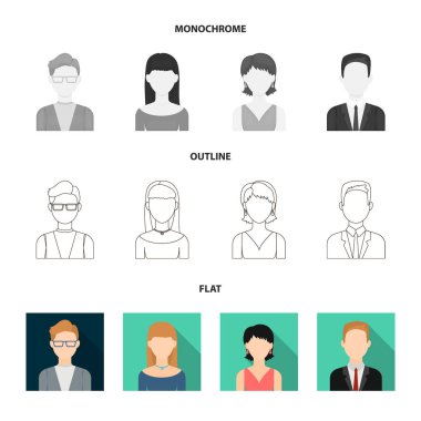 Bir sakal, bir iş kadını, helezon kız, bıyıklı kel bir adam olan bir adam. Avatar Koleksiyonu Icons set düz, anahat, tek renkli stil vektör simge stok çizim web.