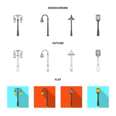 Retro tarzı, modern fener, meşale ve diğer tip-in sokak sokak lâmbası direği. Elektrik direği toplama simgeler koymak düz, anahat, tek renkli stil vektör simge stok çizim web.