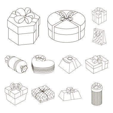 Hediye ve set koleksiyonu tasarım için anahat simgelerini ambalaj. Renkli ambalaj sembol stok web illüstrasyon vektör.