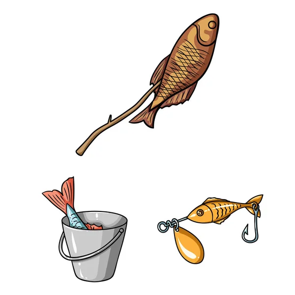 Pesca y descanso iconos de dibujos animados en la colección de conjuntos para el diseño. Tackle para la ilustración de la tela del símbolo del vector de pesca . — Vector de stock