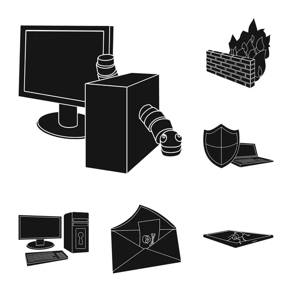 Hacker och hacking svart ikoner i set insamling för design. Hacker och utrustning vektor symbol lager web illustration. — Stock vektor