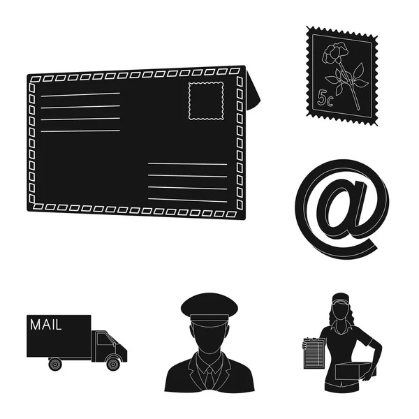 Черные иконки Почтальона и Почтальона в коллекции для дизайна. Иллюстрация векторных символов почты и оборудования . — стоковый вектор