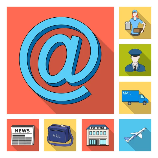 Iconos planos de correo y cartero en colección de conjuntos para el diseño. Correo y equipo vector símbolo stock web ilustración . — Vector de stock