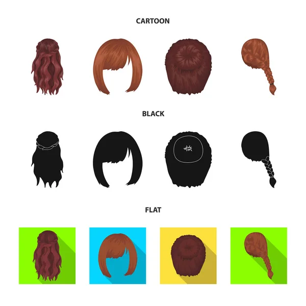 Kara, trenza roja y otros tipos de peinados. Volver peinado conjunto colección iconos en dibujos animados, negro, plano estilo vector símbolo stock ilustración web . — Vector de stock
