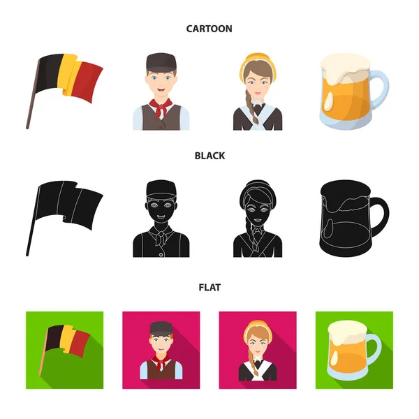 Nemzeti zászló, a belgák és a szimbólumot az ország. Belgium településen rajzfilm, fekete, lapos stílusú vektor szimbólum stock illusztráció web ikonok gyűjtemény. — Stock Vector