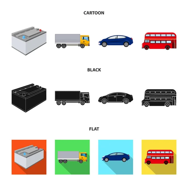 Batterie et transport bande dessinée, noir, plat icônes dans la collection ensemble pour la conception. . — Image vectorielle