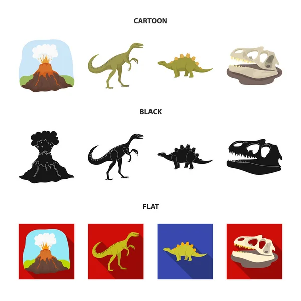 Vulkanausbruch, Gallimimus, Stegosaurus, Dinosaurierschädel. Dinosaurier und prähistorische Periode setzen Sammlung Symbole in Cartoon, schwarz, flachen Stil Vektor Symbol Stock Illustration Web. — Stockvektor