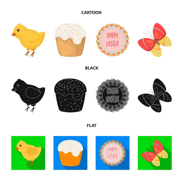 Pastel de Pascua, pollo, mariposa y la colección sign.Easter conjunto iconos en la historieta, negro, plano estilo vector símbolo stock ilustración web . — Archivo Imágenes Vectoriales