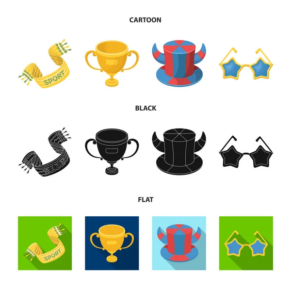 Una bufanda, un sombrero con cuernos y otros atributos de los fanáticos. Los fans establecen iconos de la colección en dibujos animados, negro, estilo plano símbolo vectorial stock illustration web . — Vector de stock